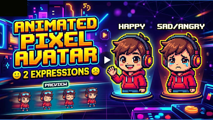Geef een geanimeerde pixel art avatar, vtuber sprite, twitch discord emotes