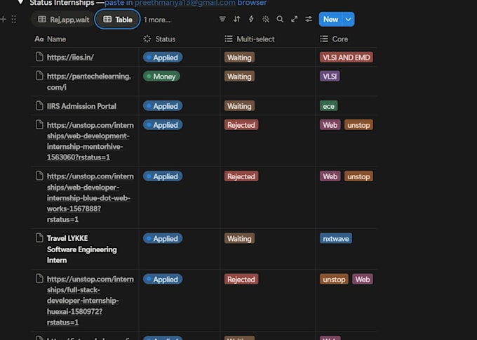 create notion tracker for internships, exams