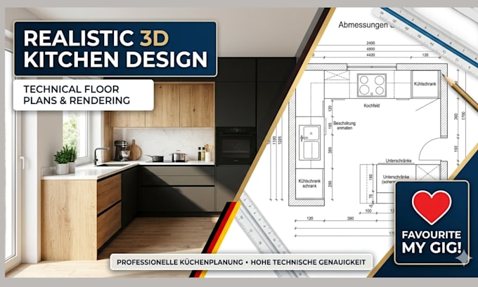 do realistic 3d kitchen design, rendering, and detailed floor plans