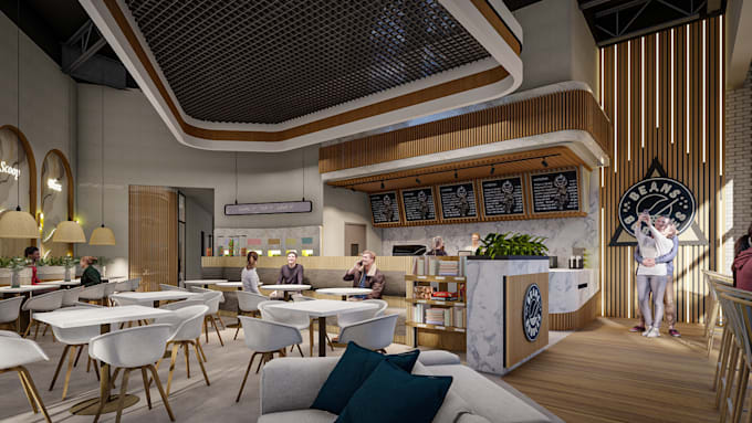 create 3d photorealistic restaurant and cafe interior design with floor plans