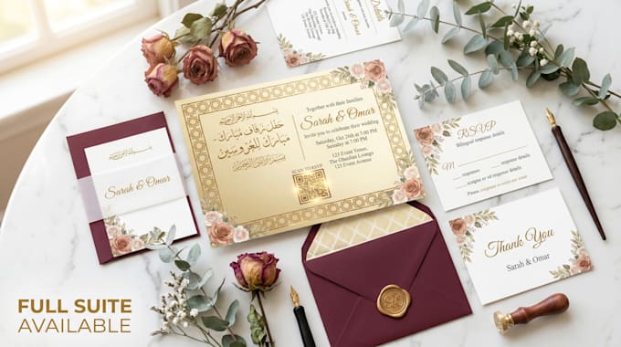 design a bilingual arabic english digital wedding invitation with qr code
