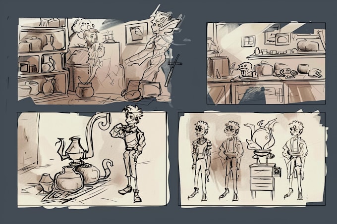 draw a concept sketch of characters, objects, background