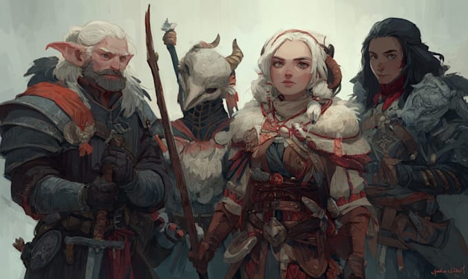 draw detailed dnd party characters together