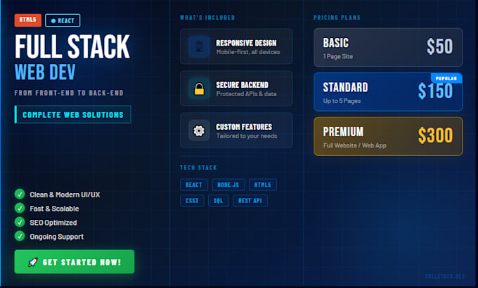 do custom website development as full stack developer, front end developer