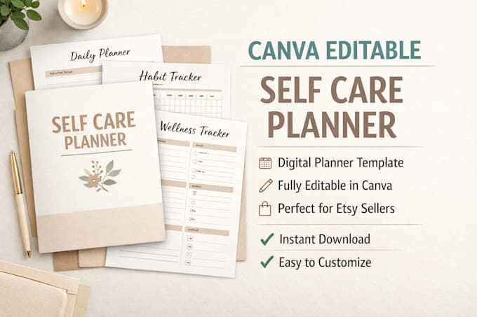 design canva editable digital planner, self care and wellness planners, etsy