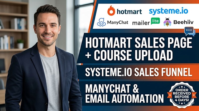 setup hotmart sales page, systeme io sales funnel, and manychat automation