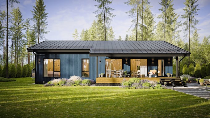 design modern 3d frame house exterior and interior rendering