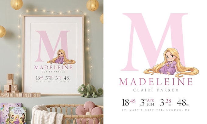 create custom baby birth stats print with name illustration