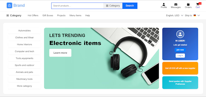 build responsive ecommerce and dashboard sites HTML, CSS, js