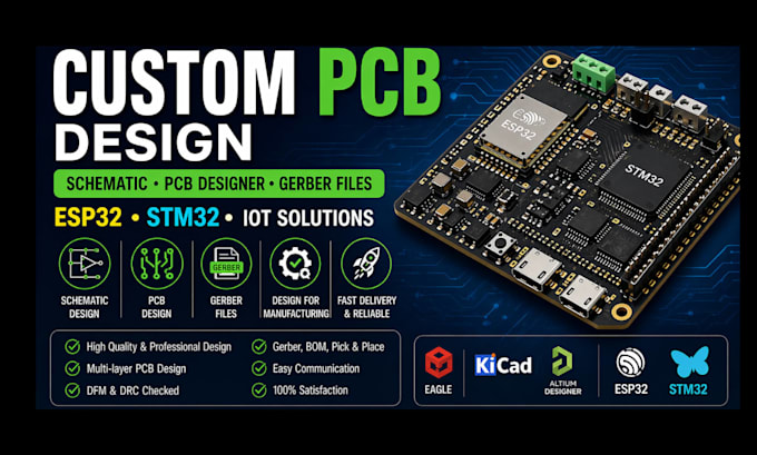 custom pcb design, schematic, pcb designer, gerber files, esp32, stm32 iot