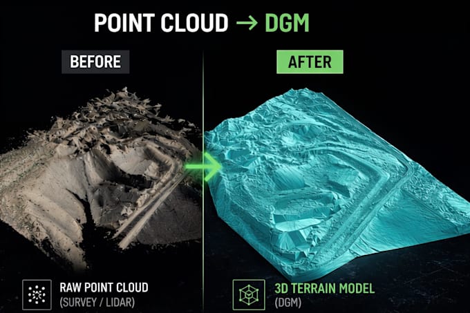 create 3d terrain model and contours  from point cloud, lidar or survey data