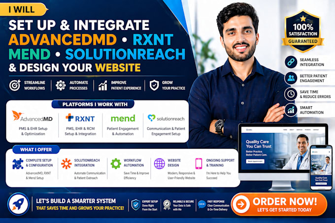 setup advancedmd rxnt mend solutionreach integration and website design