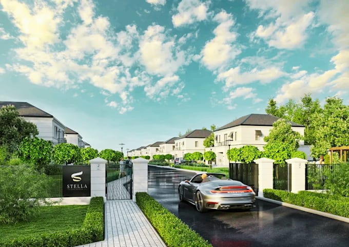 do front yard landscape design fireplace terrace patio and pool deck 3d render