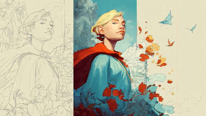 sketch, outline and color cartoon illustrations