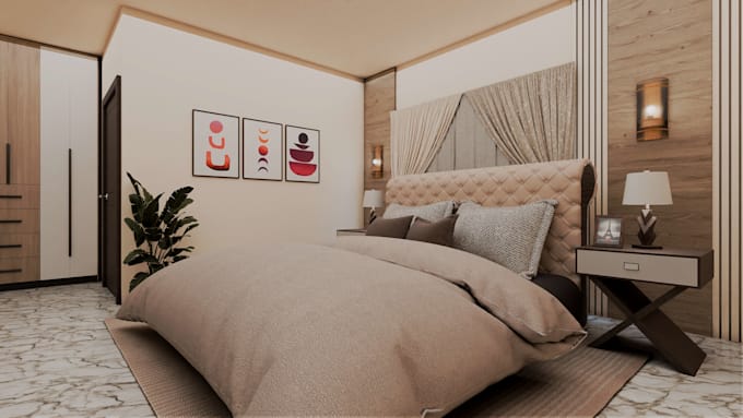 design a cozy modern bedroom interior with realistic 3d rendering