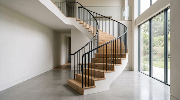 do 3d staircase design, spiral staircase, photorealistic rendering and interior