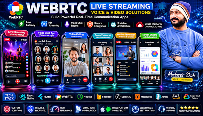 build webrtc live streaming app, voice chat and video call system