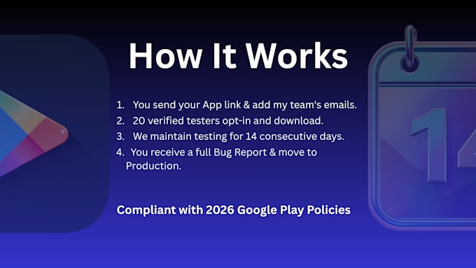 provide 20 google play testers for your closed testing 14 day requirement
