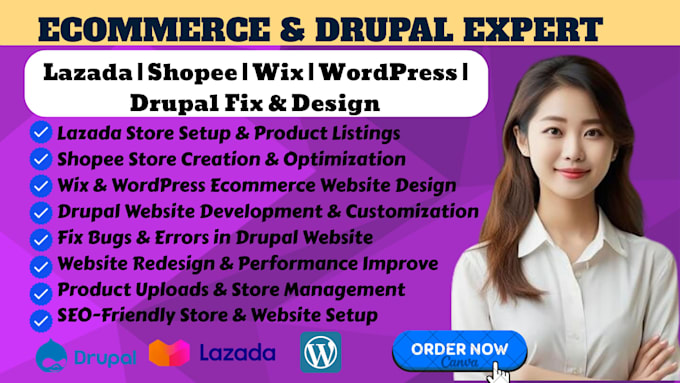 develop lazada shopee stores and design or fix drupal website or wordpress