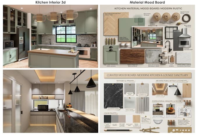 interior design, mood board, and realistic 3d visualization
