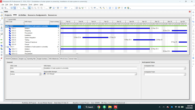 develop wbs, schedule, and reports in primavera p6