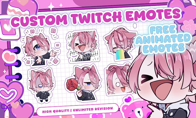 Design animated twitch stream overlay, chibi emotes, sub badge, twitch ...