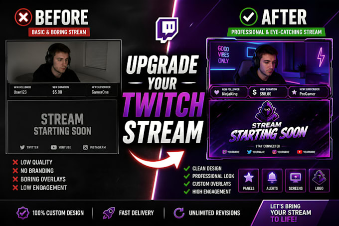 design custom animated twitch overlays stream graphics panels and logo branding