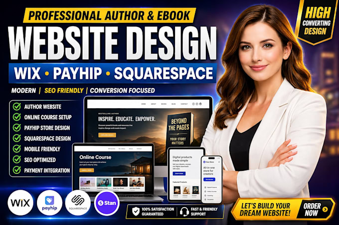 set up wix author website, payhip online course, squarespace website designer