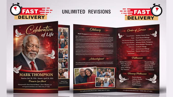 design obituary booklet, funeral program, funeral flyer tribute memorial program