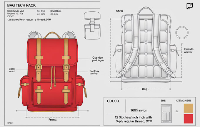create bag tech pack, handbag, tote bag, backpack design with technical drawing