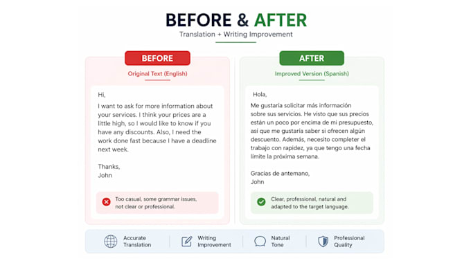 write and translate english spanish content