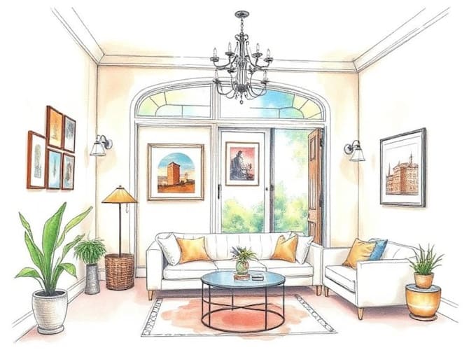 Draw interior sketches in watercolor style by Michalamno | Fiverr