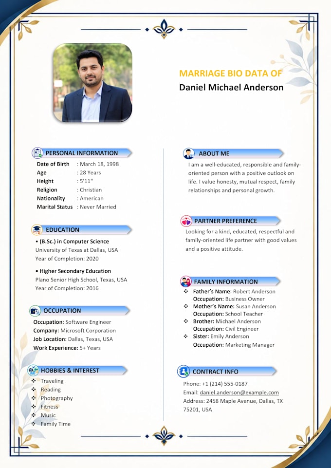design professional marriage biodata in modern style