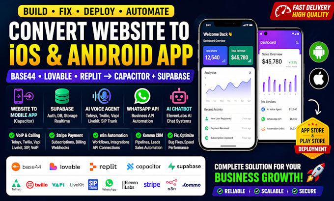 convert base44 lovable replit website to ios android app with capacitor supabase