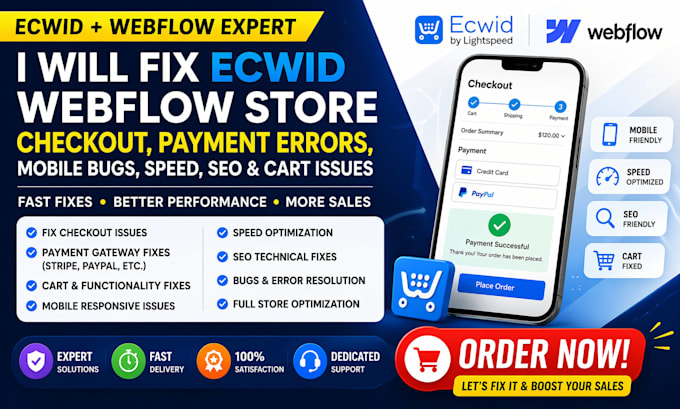 ecwid webflow checkout fix payment error mobile bug speed seo cart issue store