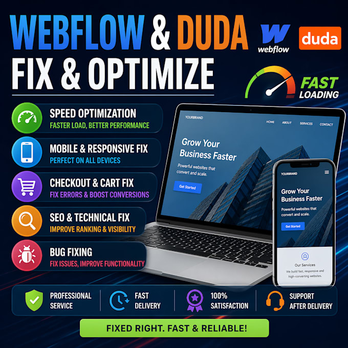 webflow duda speed bug mobile fix checkout error seo issue cart problem fix