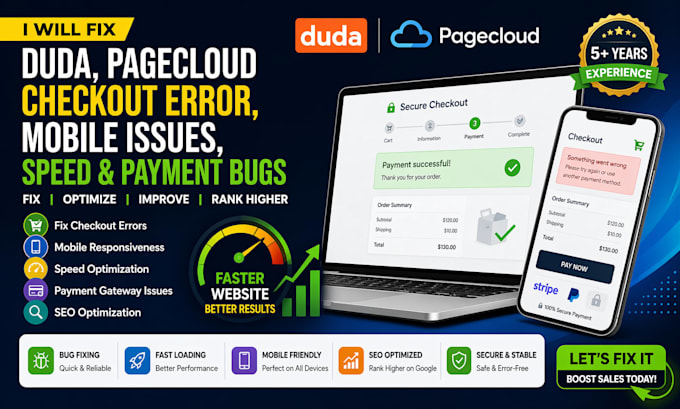 duda pagecloud checkout error bug mobile issue slow speed payment fix seo
