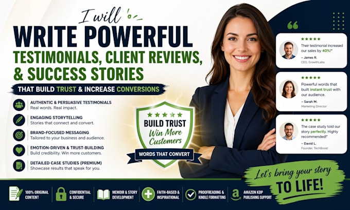 write powerful testimonials, client reviews and success stories that build trust