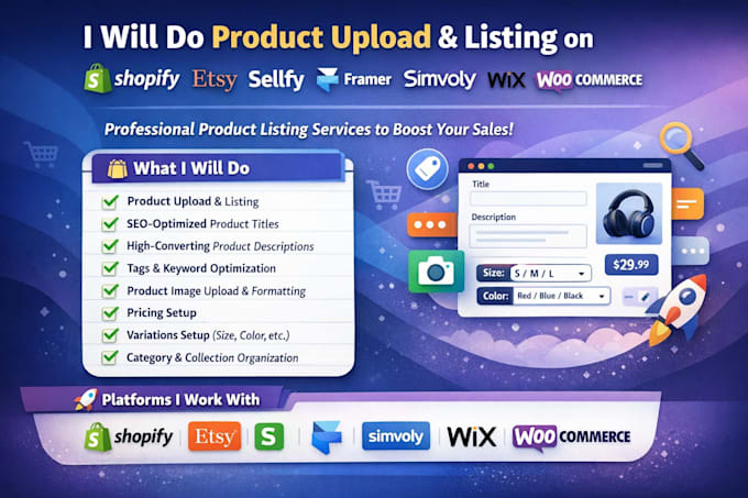 do product upload shopify etsy simvoly framer woocommerce wix sellfy listing SEO