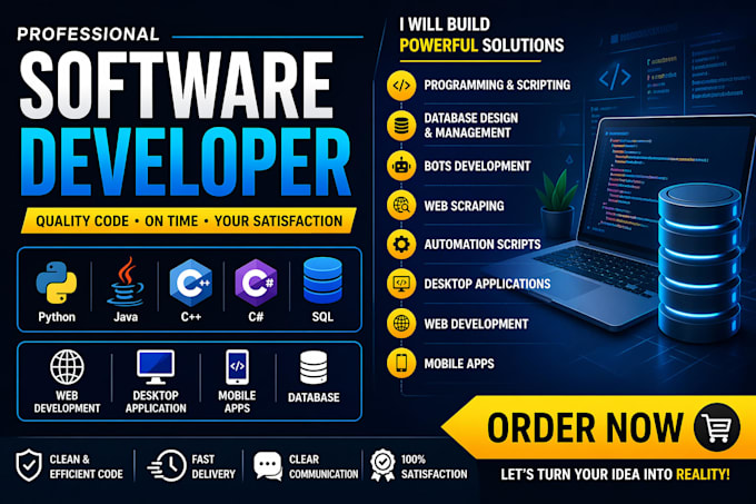 develop custom python, java, cpp, sql projects, bots, and fullstack application