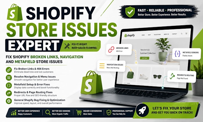 fix shopify broken links navigation metafield and inventory product store issues