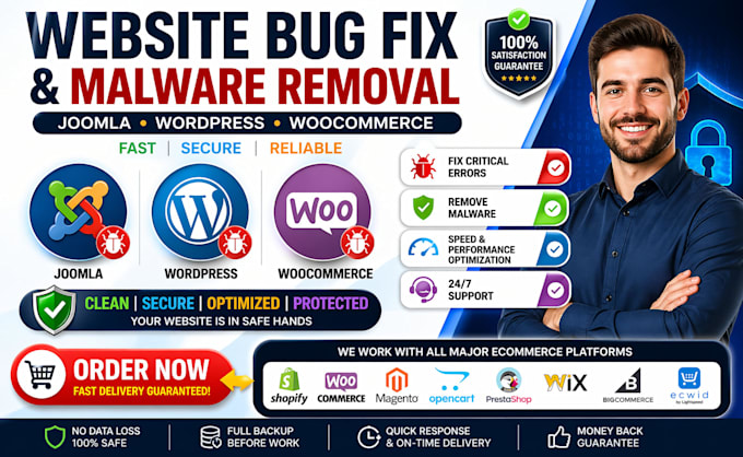 fix joomla bug critical error malware removal wordpress bug fix woocommerce bug