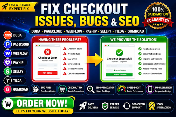 fix duda pagecloud webflow payhip sellfy gumroad checkout issue bug seo errors