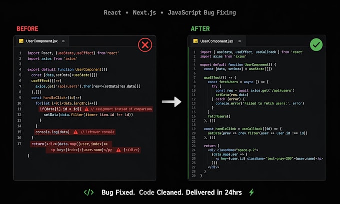 fix react nextjs javascript and typescript bugs and errors