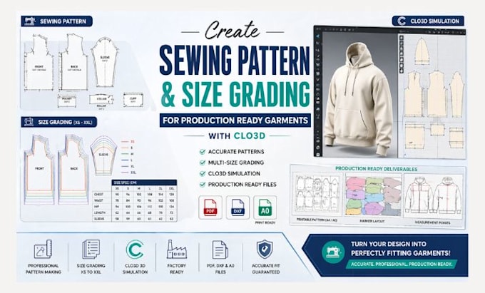 create sewing pattern and size grading for production ready garments with clo3d