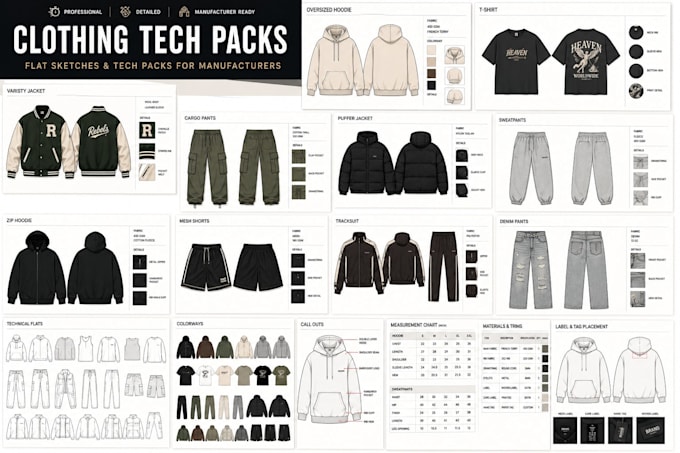 create a factory ready fashion tech pack, clothing tech pack and technical flats