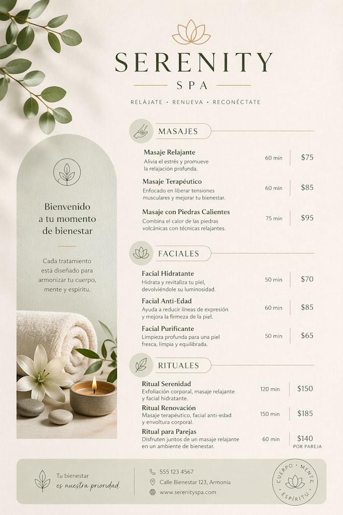 design elegant menus for your restaurant, event or spa