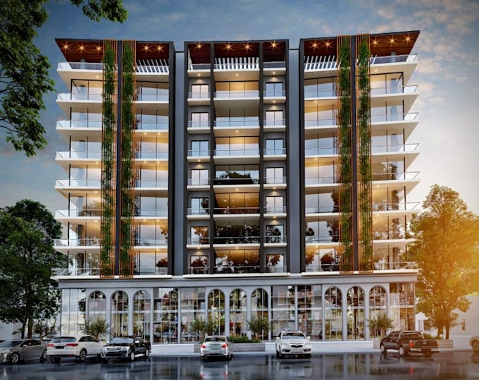 redesign commercial building,3d exterior render,multi story building,skyscraper