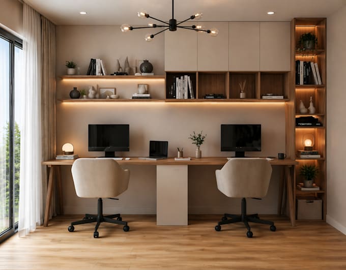 design home office, workspace interior and 3d office render