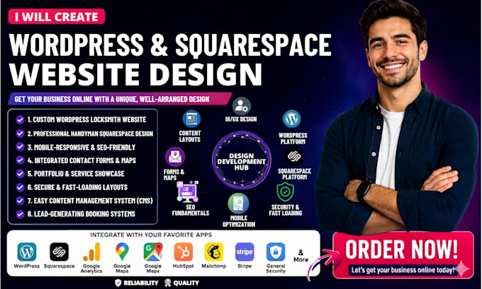 create a wordpress locksmith website design  handyman squarespace website